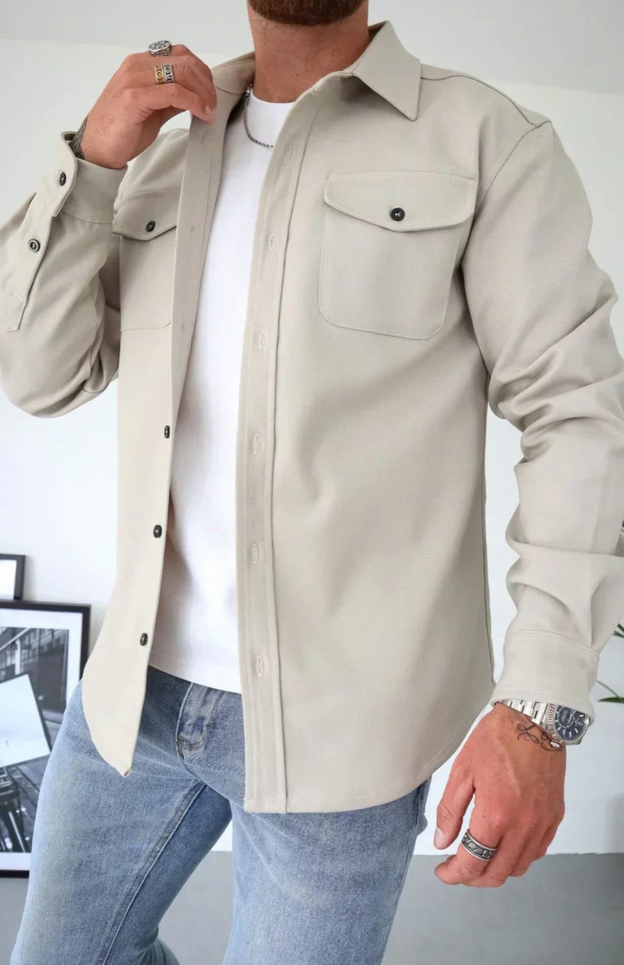 Men's Relaxed-Fit Button-Down Long Sleeve Overshirt Jacket - Cream