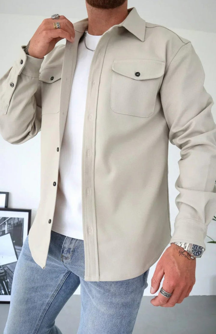 Men's Relaxed-Fit Button-Down Long Sleeve Overshirt Jacket - Cream
