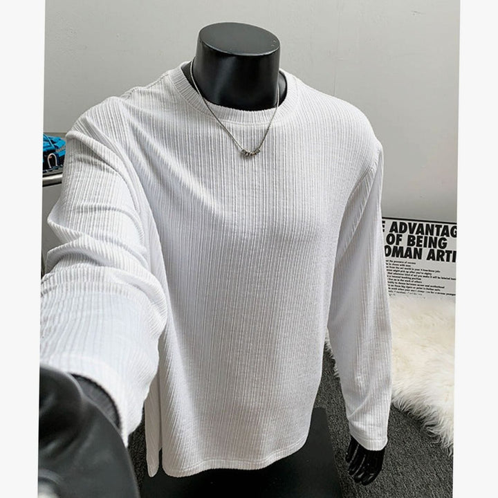 Men's Relaxed-Fit Fine-Knit Ribbed Crewneck Long-Sleeve Sweater