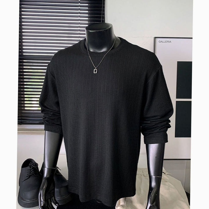 Men's Relaxed-Fit Fine-Knit Ribbed Crewneck Long-Sleeve Sweater - Black