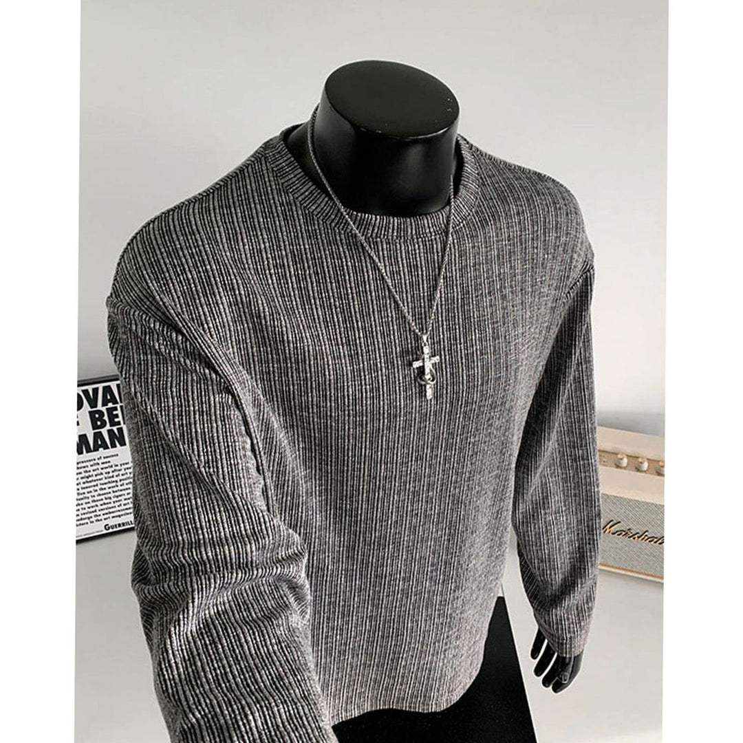 Men's Relaxed-Fit Fine-Knit Ribbed Crewneck Long-Sleeve Sweater - Dark Gray