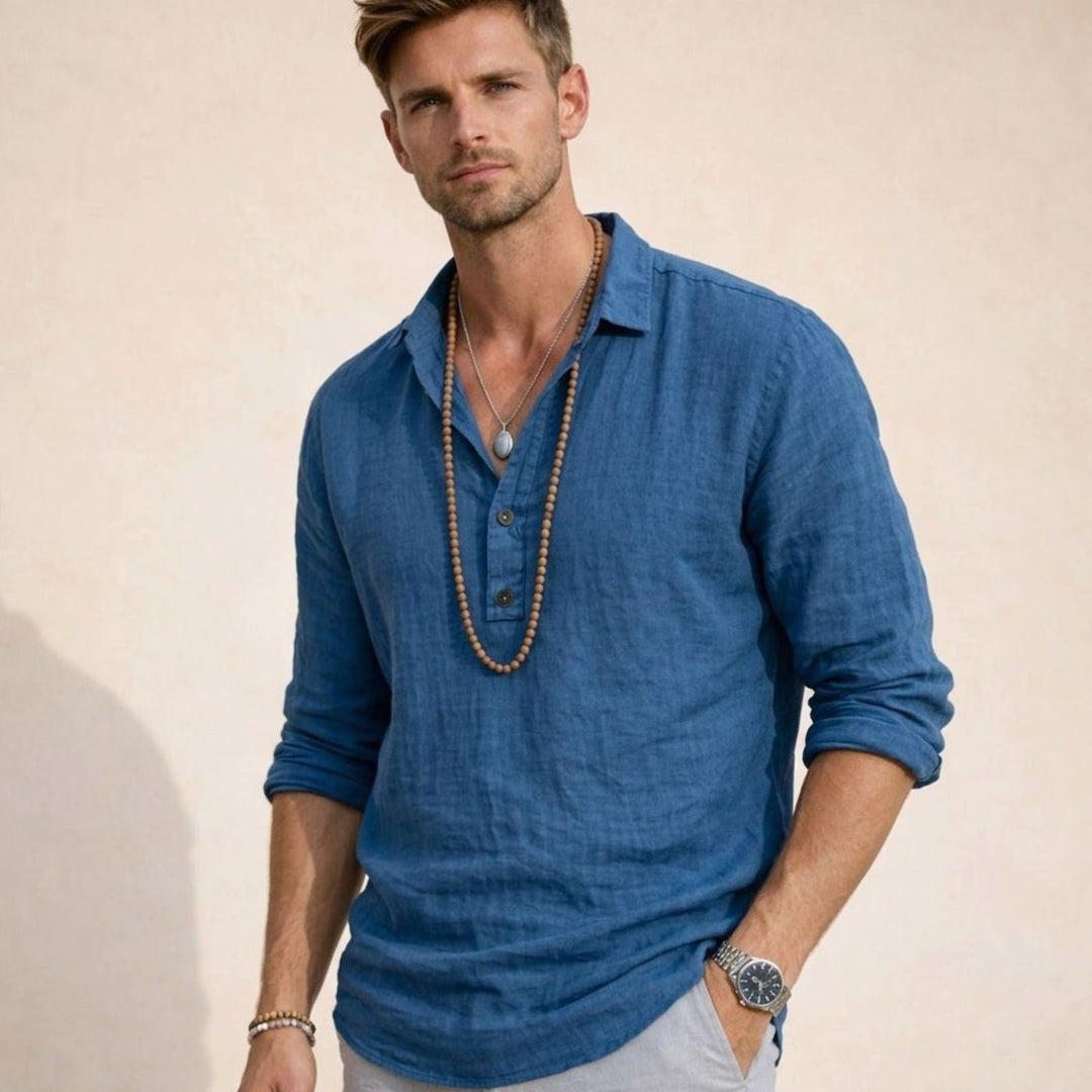Men's Relaxed-Fit Linen Long Sleeve Henley Shirt - Blue