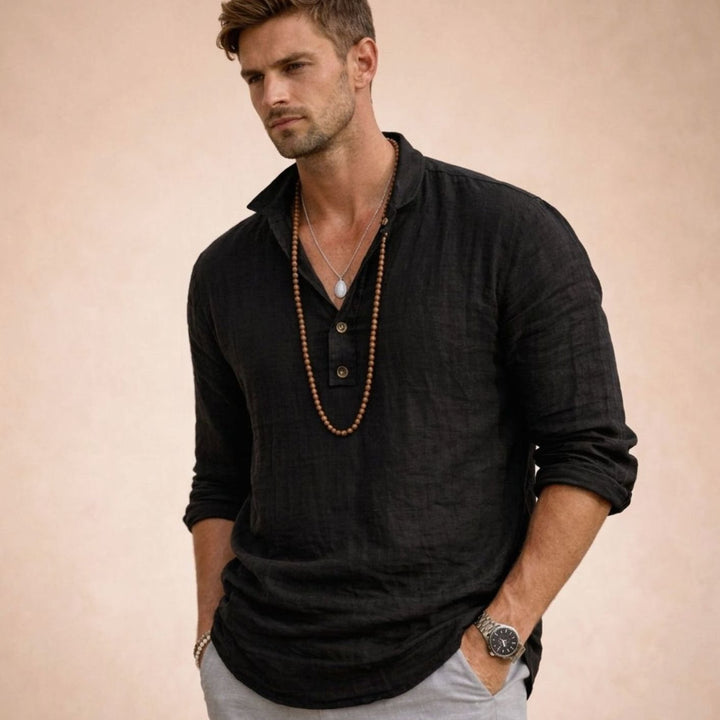 Men's Relaxed-Fit Linen Long Sleeve Henley Shirt - Black
