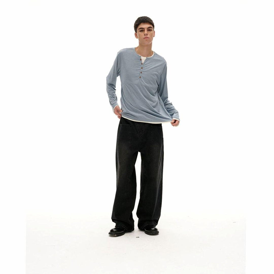 Men's Relaxed-Fit Long Sleeve Henley Shirt Double-Layer Collar
