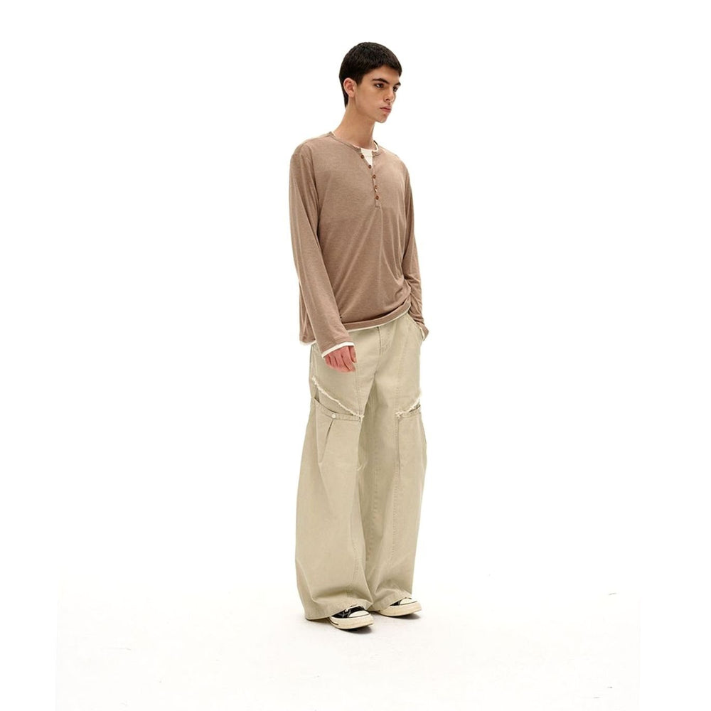 Men's Relaxed-Fit Long Sleeve Henley Shirt Double-Layer Collar
