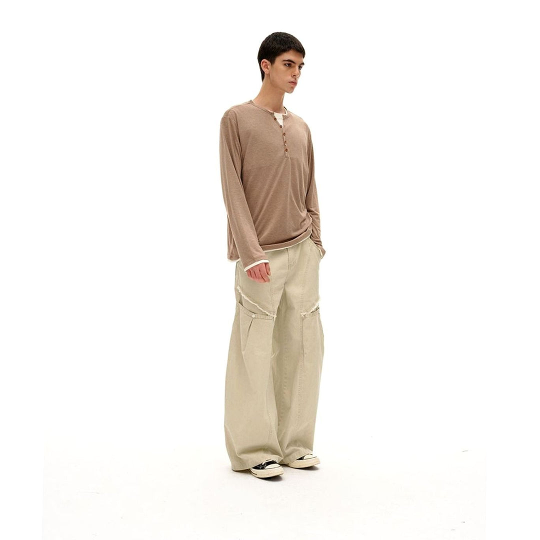 Men's Relaxed-Fit Long Sleeve Henley Shirt Double-Layer Collar