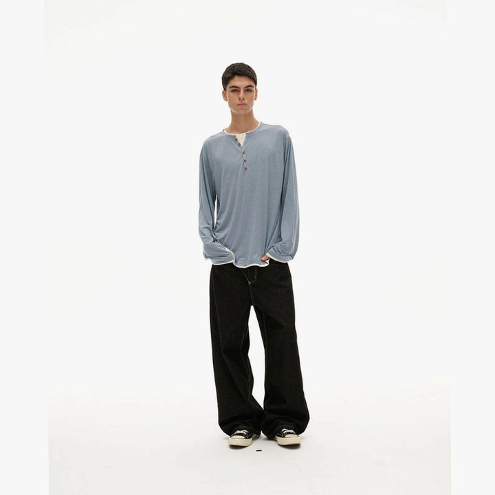 Men's Relaxed-Fit Long Sleeve Henley Shirt Double-Layer Collar