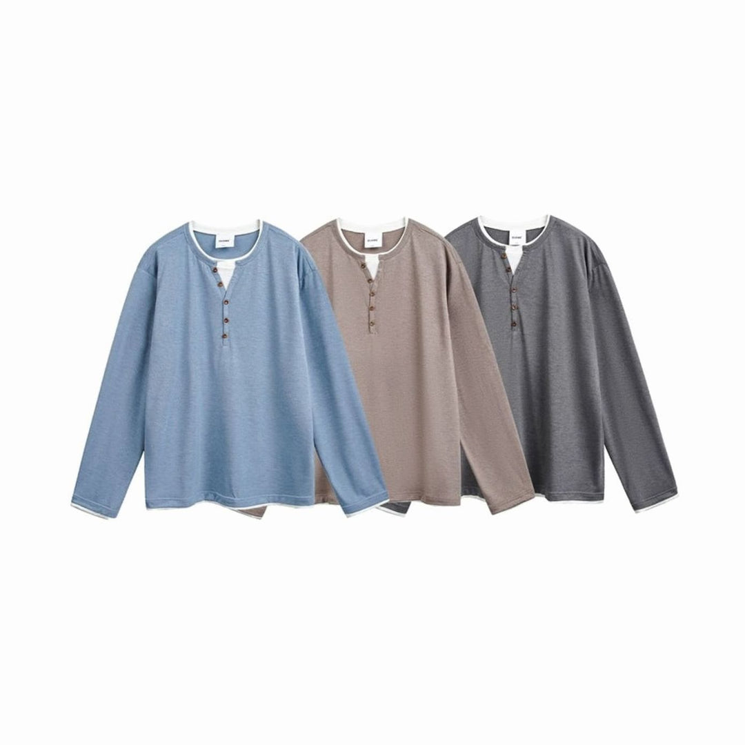 Men's Relaxed-Fit Long Sleeve Henley Shirt Double-Layer Collar