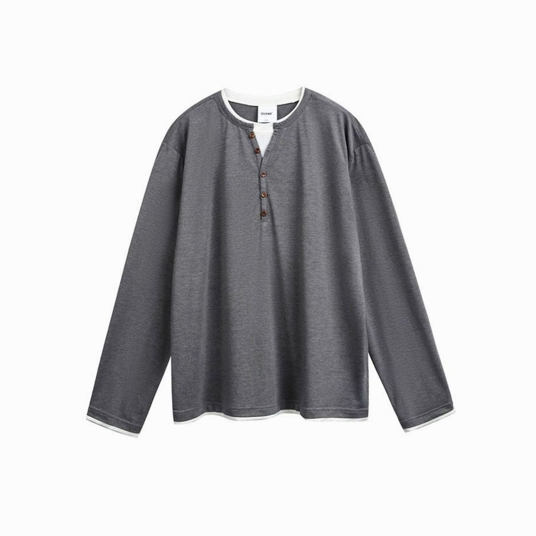 Men's Relaxed-Fit Long Sleeve Henley Shirt Double-Layer Collar - Gray