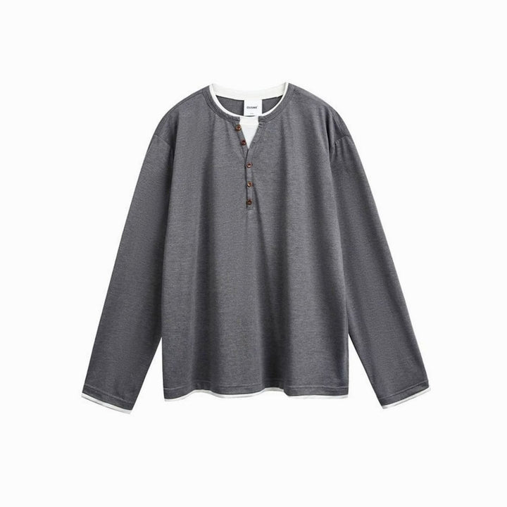 Men's Relaxed-Fit Long Sleeve Henley Shirt Double-Layer Collar - Gray