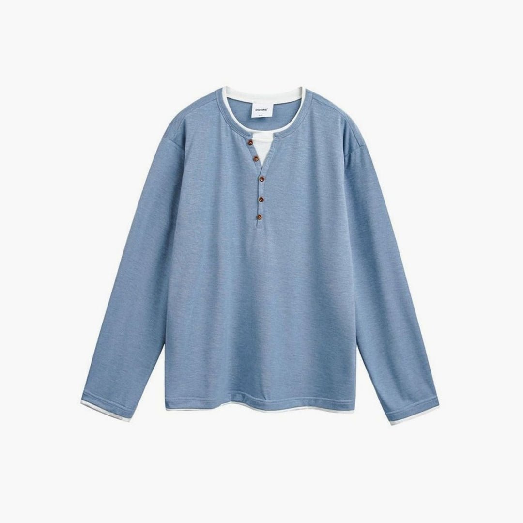 Men's Relaxed-Fit Long Sleeve Henley Shirt Double-Layer Collar - Blue
