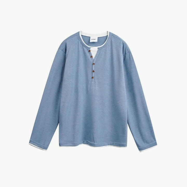 Men's Relaxed-Fit Long Sleeve Henley Shirt Double-Layer Collar - Blue