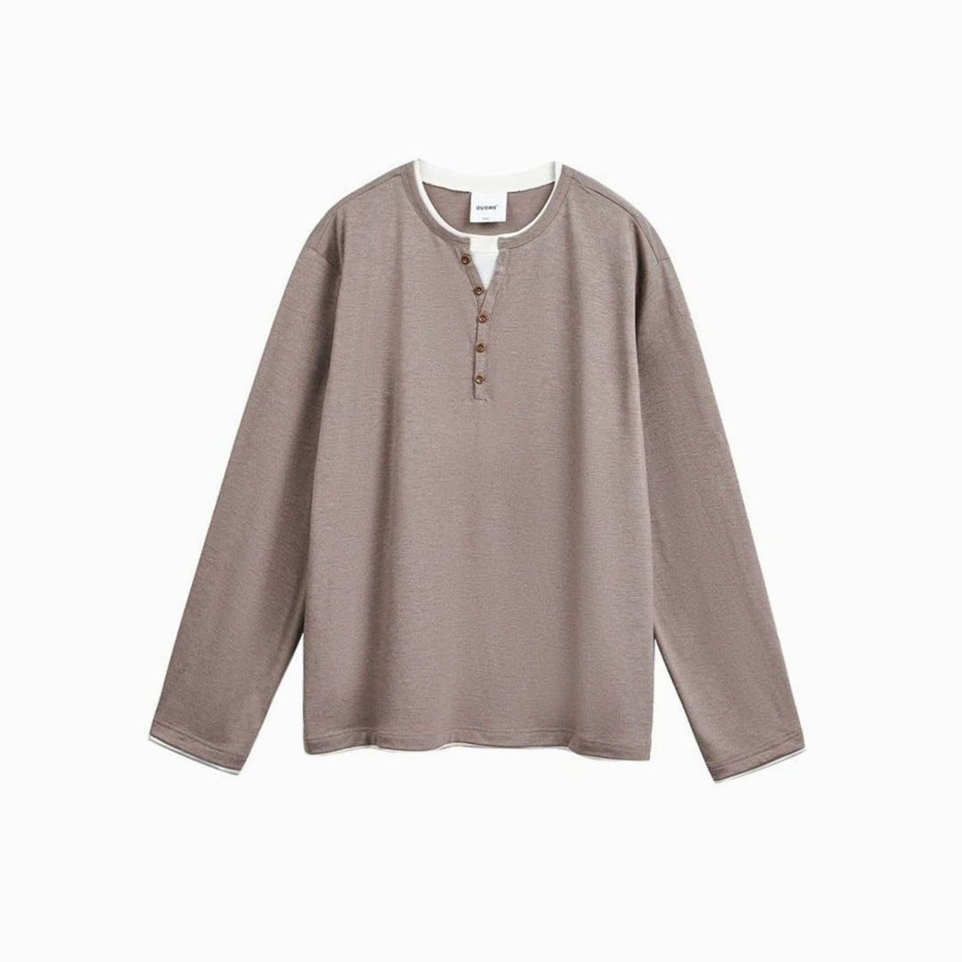 Men's Relaxed-Fit Long Sleeve Henley Shirt Double-Layer Collar - Brown