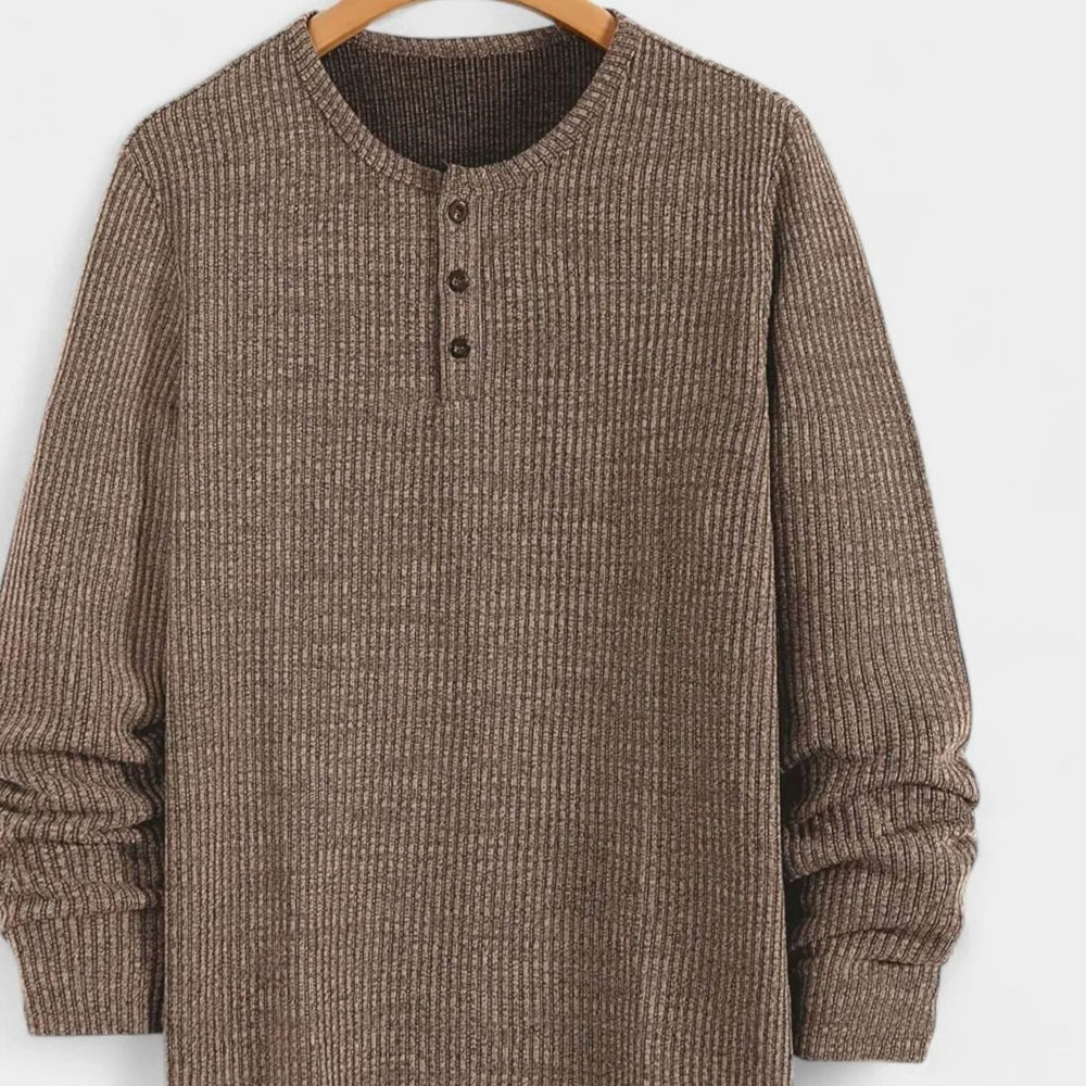 Men's Ribbed Cotton-Blend Henley Pullover Sweater - Khaki