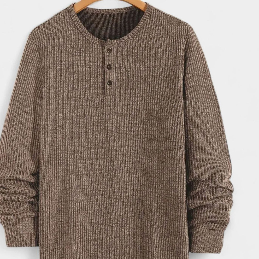 Men's Ribbed Cotton-Blend Henley Pullover Sweater - Khaki
