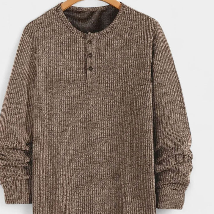 Men's Ribbed Cotton-Blend Henley Pullover Sweater - Khaki