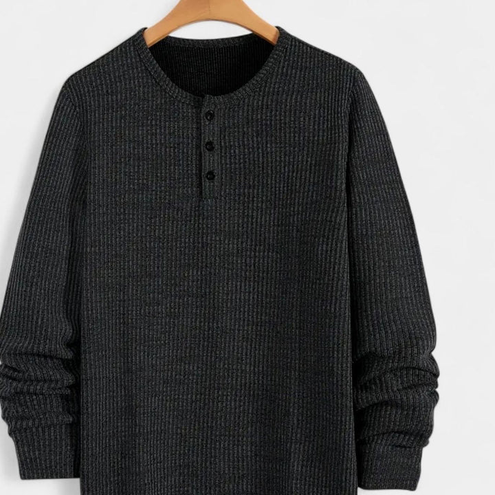 Men's Ribbed Cotton-Blend Henley Pullover Sweater - Black