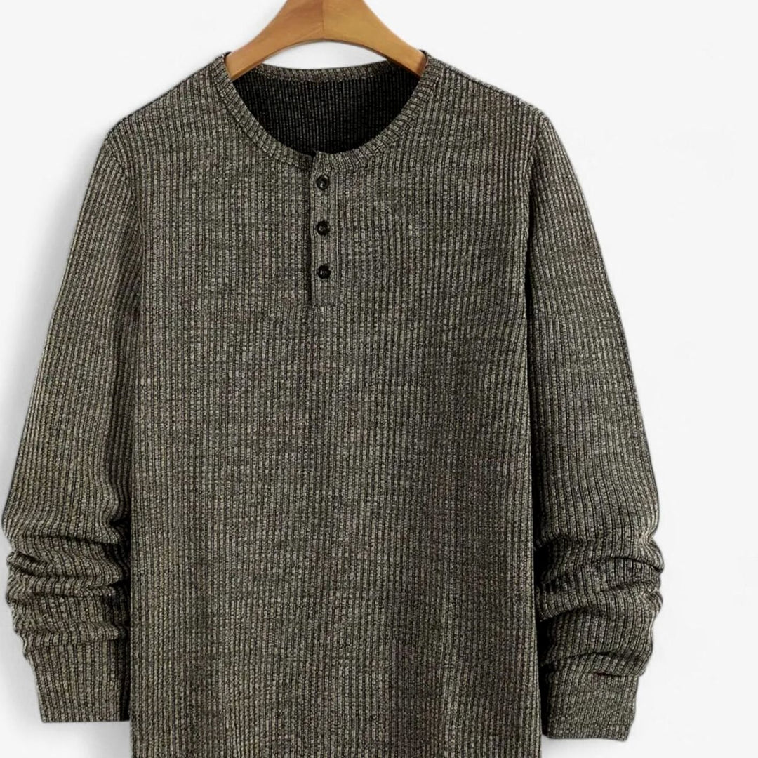 Men's Ribbed Cotton-Blend Henley Pullover Sweater - Army Green