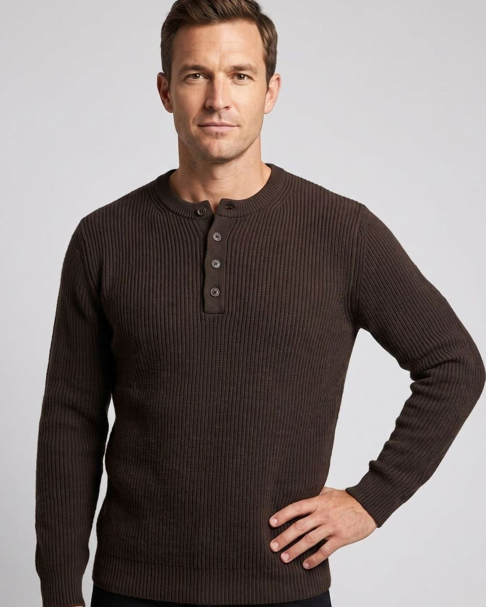 Men's Ribbed Henley Sweater Long-Sleeve Cotton Knit Top