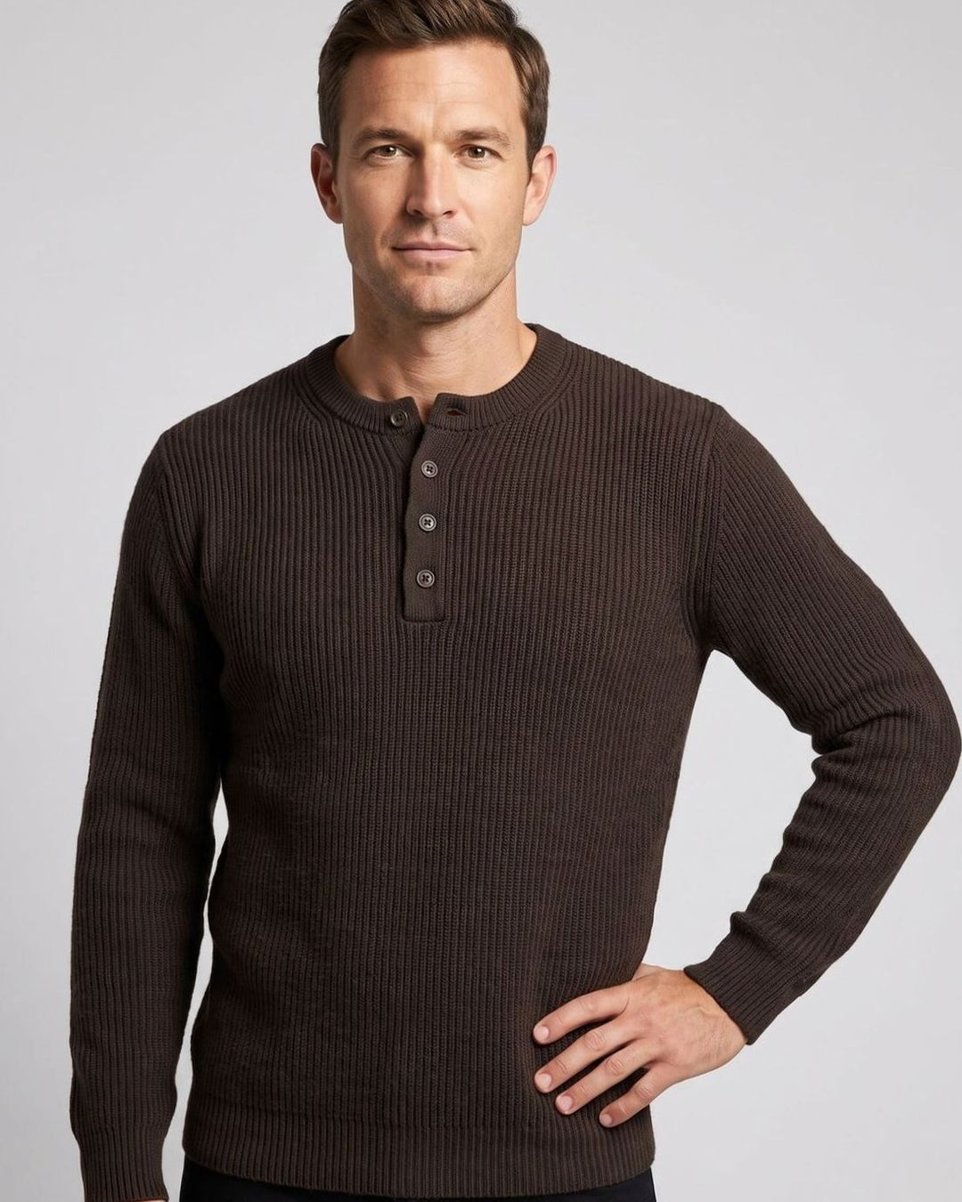 Men's Ribbed Henley Sweater Long-Sleeve Cotton Knit Top