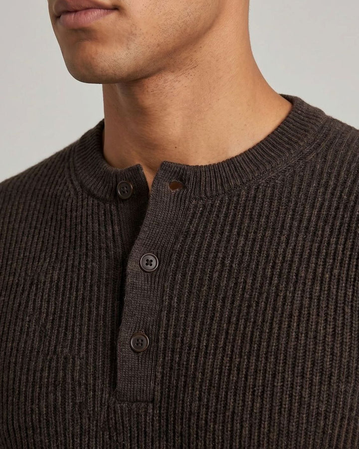 Men's Ribbed Henley Sweater Long-Sleeve Cotton Knit Top