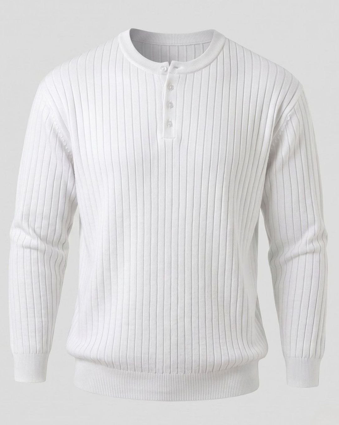 Men's Ribbed Henley Sweater Long-Sleeve Cotton Knit Top - White