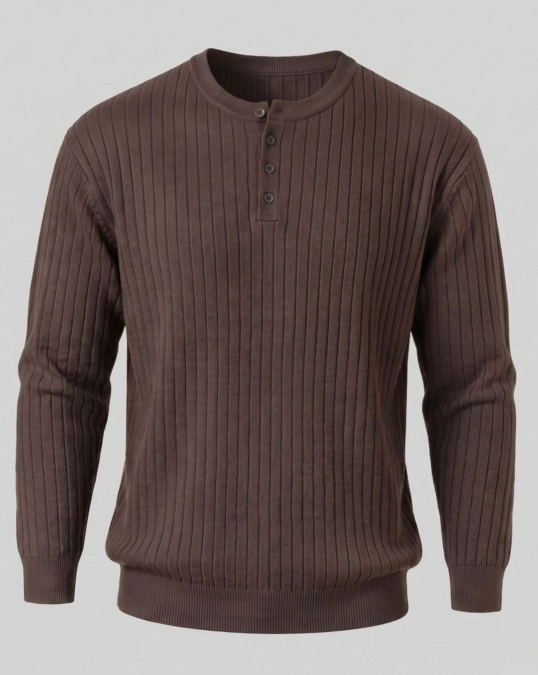Men's Ribbed Henley Sweater Long-Sleeve Cotton Knit Top - Coffee Brown