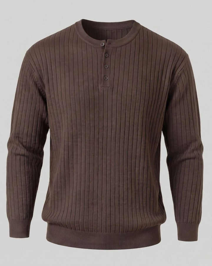 Men's Ribbed Henley Sweater Long-Sleeve Cotton Knit Top - Coffee Brown