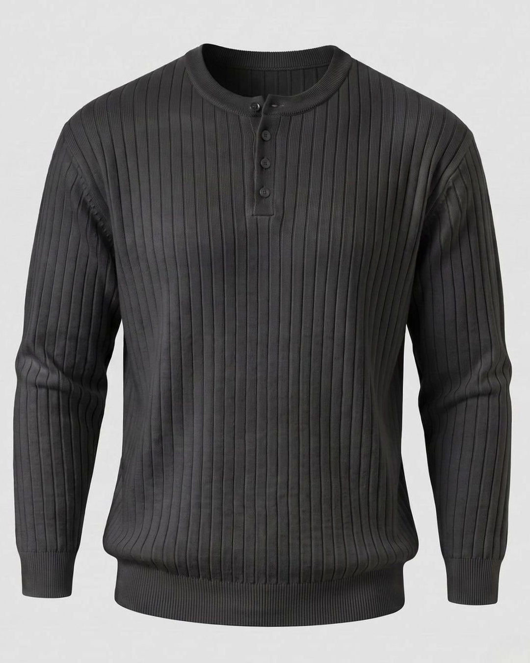 Men's Ribbed Henley Sweater Long-Sleeve Cotton Knit Top - Black