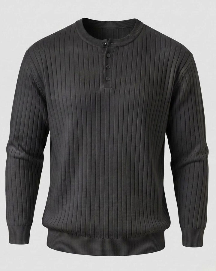 Men's Ribbed Henley Sweater Long-Sleeve Cotton Knit Top - Black