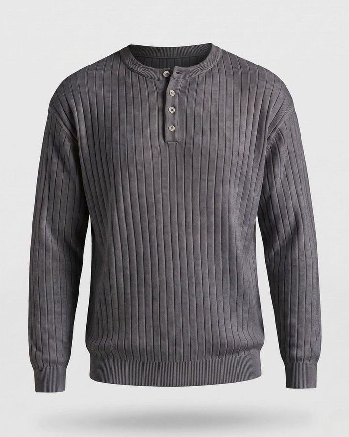 Men's Ribbed Henley Sweater Long-Sleeve Cotton Knit Top - Gray