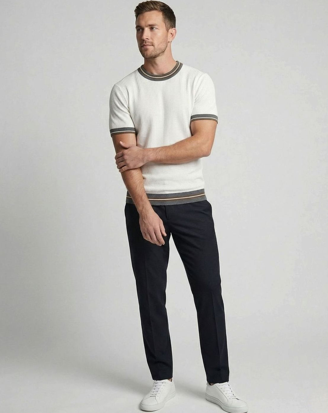 Men's Ribbed Knit Crewneck Short-Sleeve Sweater Shirt