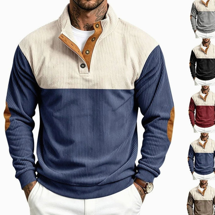 Men's Ribbed Long Sleeve Henley Pullover Sweater Elbow Patch Stand Collar