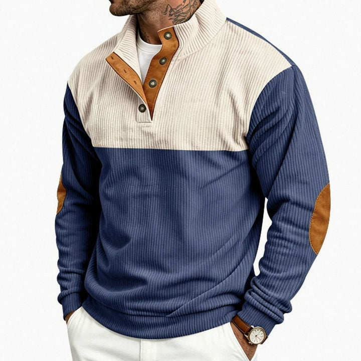 Men's Ribbed Long Sleeve Henley Pullover Sweater Elbow Patch Stand Collar - Navy Blue