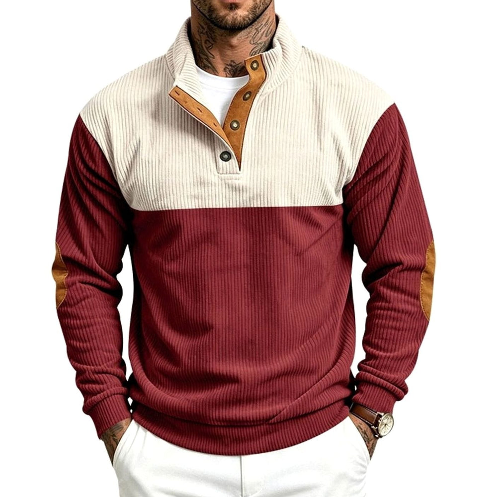 Men's Ribbed Long Sleeve Henley Pullover Sweater Elbow Patch Stand Collar