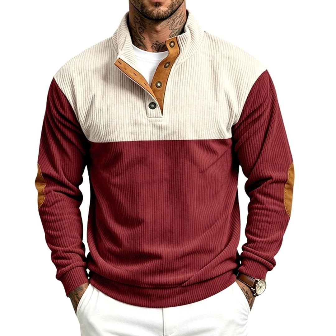 Men's Ribbed Long Sleeve Henley Pullover Sweater Elbow Patch Stand Collar