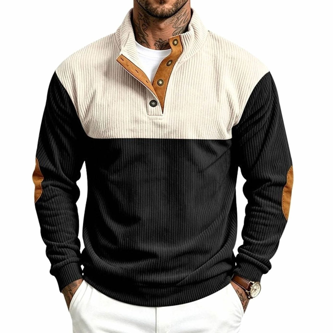 Men's Ribbed Long Sleeve Henley Pullover Sweater Elbow Patch Stand Collar