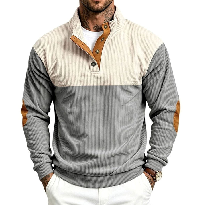 Men's Ribbed Long Sleeve Henley Pullover Sweater Elbow Patch Stand Collar