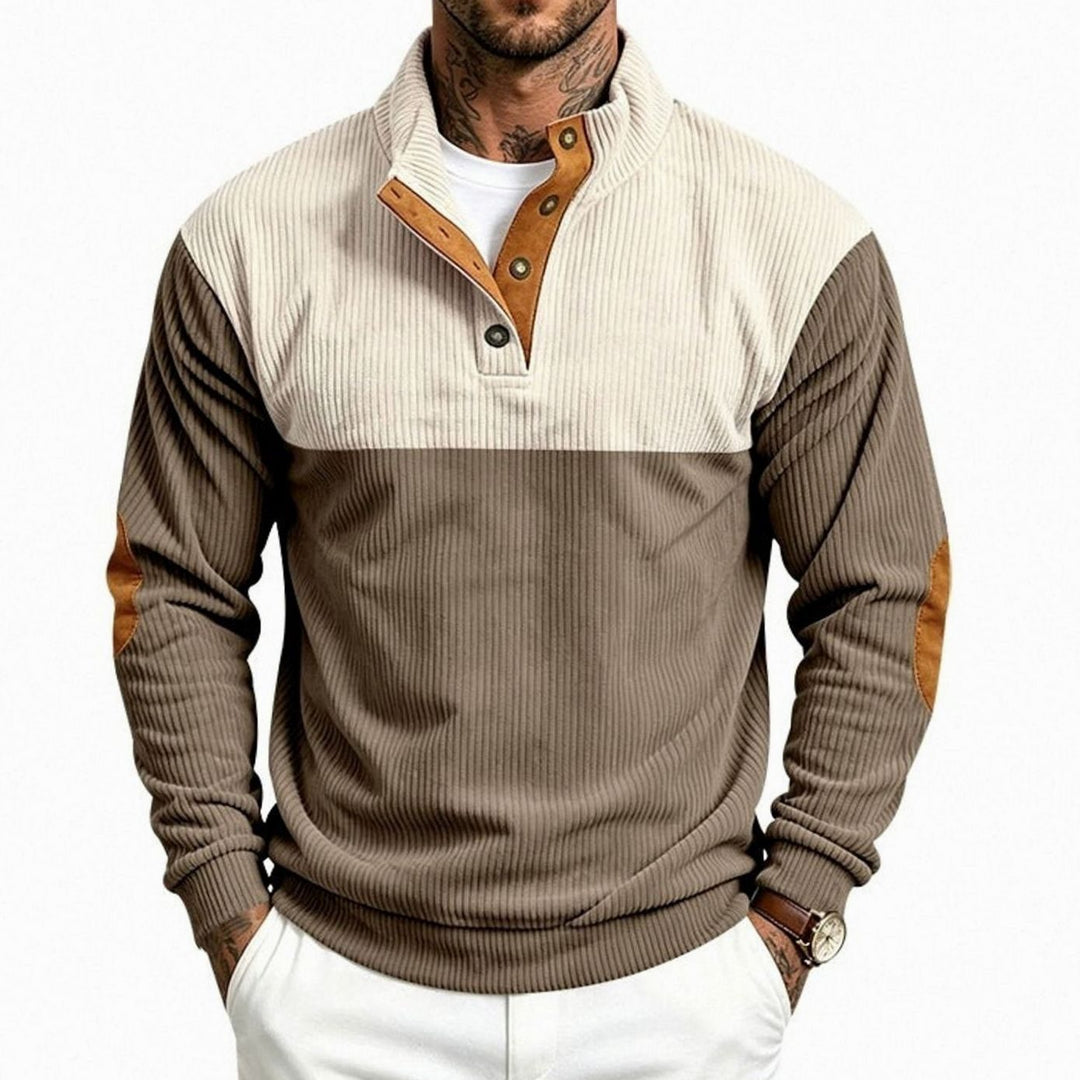 Men's Ribbed Long Sleeve Henley Pullover Sweater Elbow Patch Stand Collar