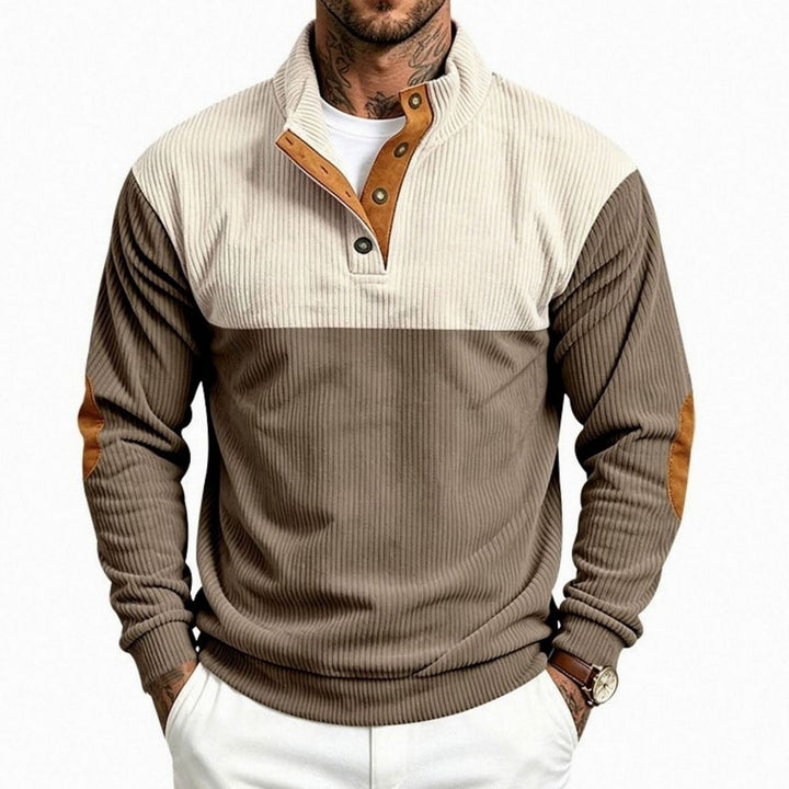 Men's Ribbed Long Sleeve Henley Pullover Sweater Elbow Patch Stand Collar