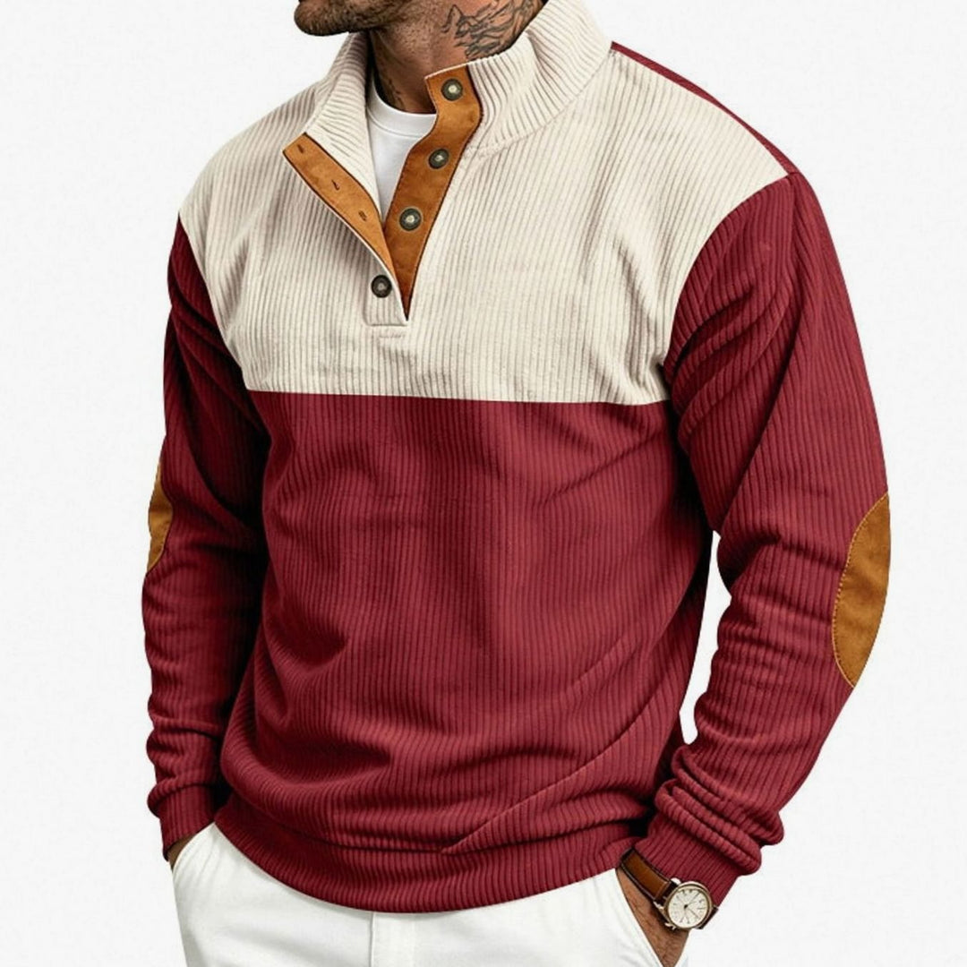 Men's Ribbed Long Sleeve Henley Pullover Sweater Elbow Patch Stand Collar - Red