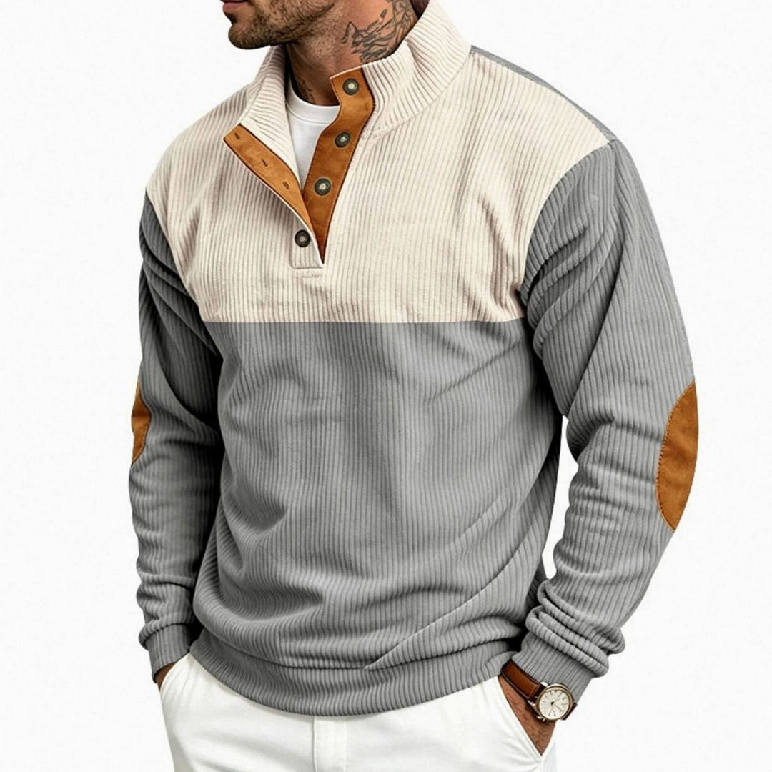 Men's Ribbed Long Sleeve Henley Pullover Sweater Elbow Patch Stand Collar - Gray