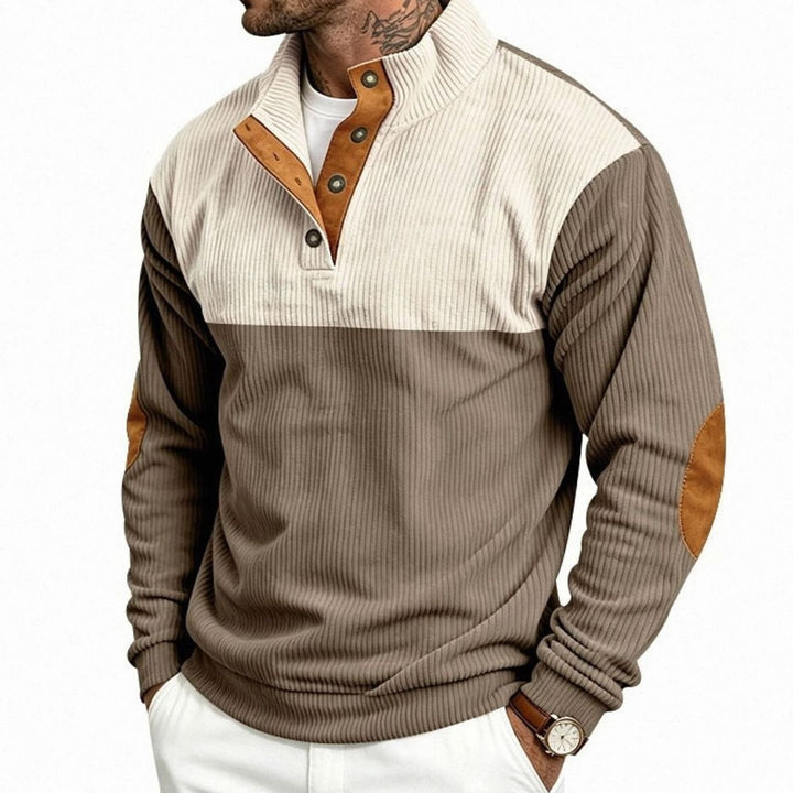 Men's Ribbed Long Sleeve Henley Pullover Sweater Elbow Patch Stand Collar - Brown