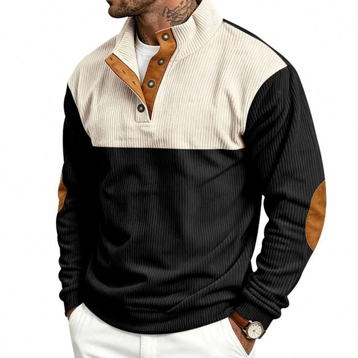 Men's Ribbed Long Sleeve Henley Pullover Sweater Elbow Patch Stand Collar - Black