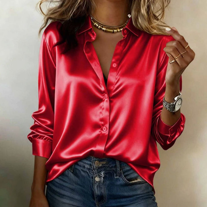 Men's Satin Long-Sleeve Button-Down Dress Shirt - Red