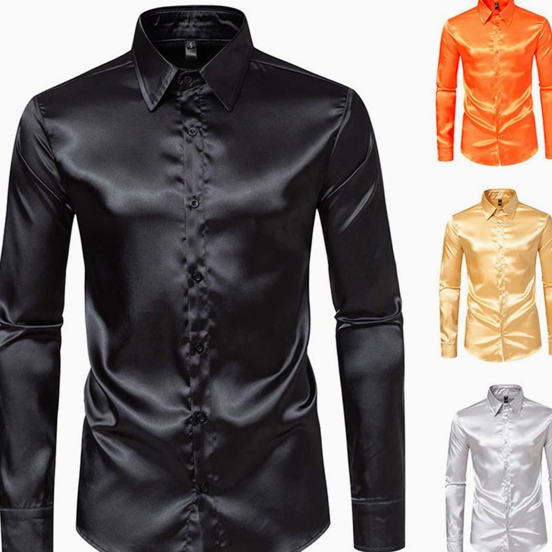 Men's Satin Silk-Look Long Sleeve Button-Up Dress Shirt