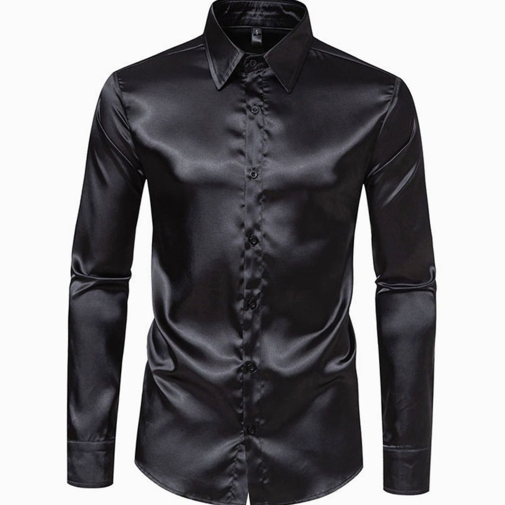 Men's Satin Silk-Look Long Sleeve Button-Up Dress Shirt - Black