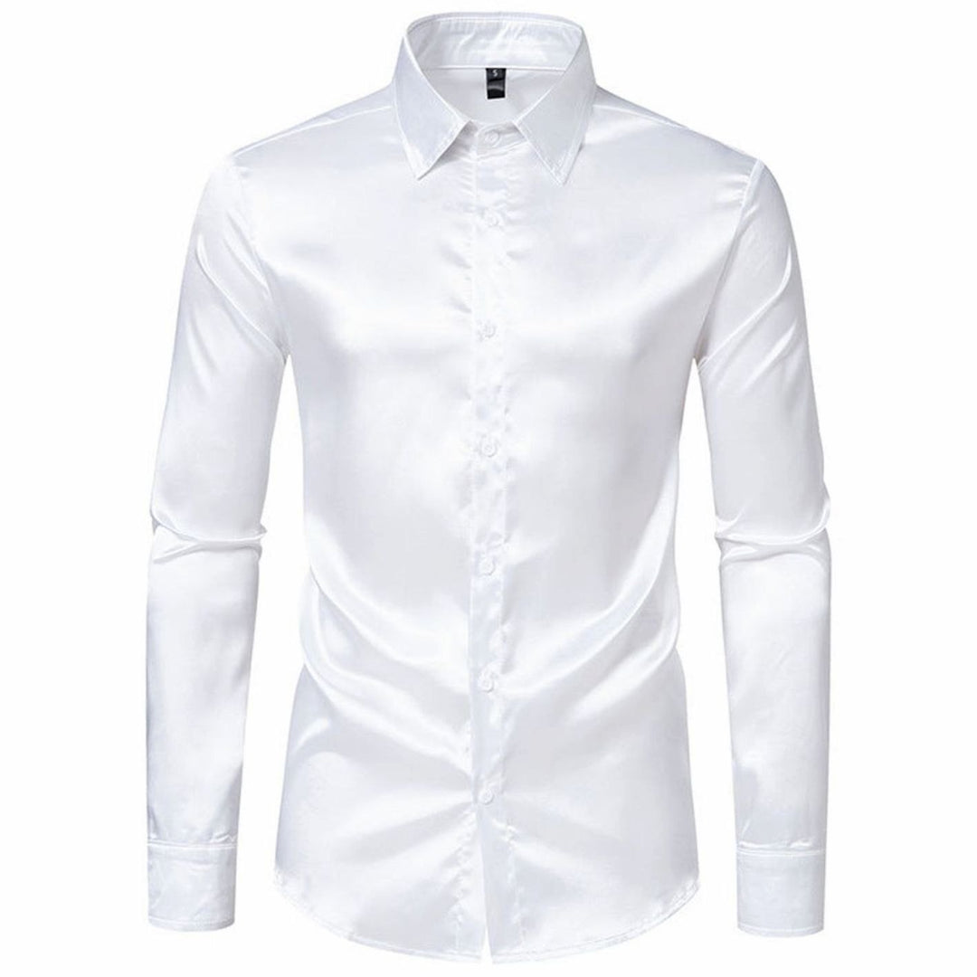 Men's Satin Silk-Look Long Sleeve Button-Up Dress Shirt - White