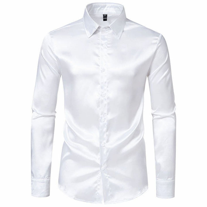 Men's Satin Silk-Look Long Sleeve Button-Up Dress Shirt - White
