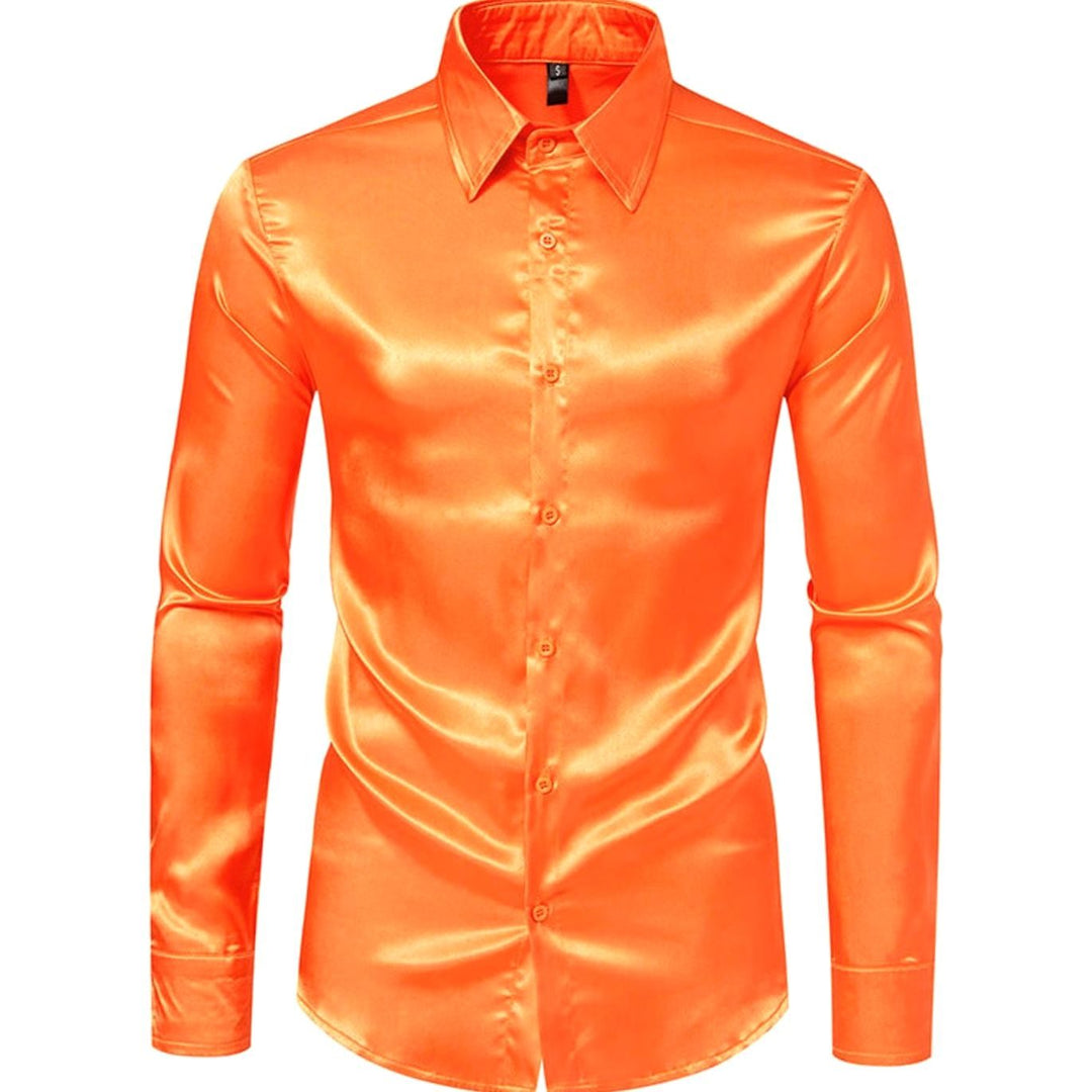 Men's Satin Silk-Look Long Sleeve Button-Up Dress Shirt - Orange